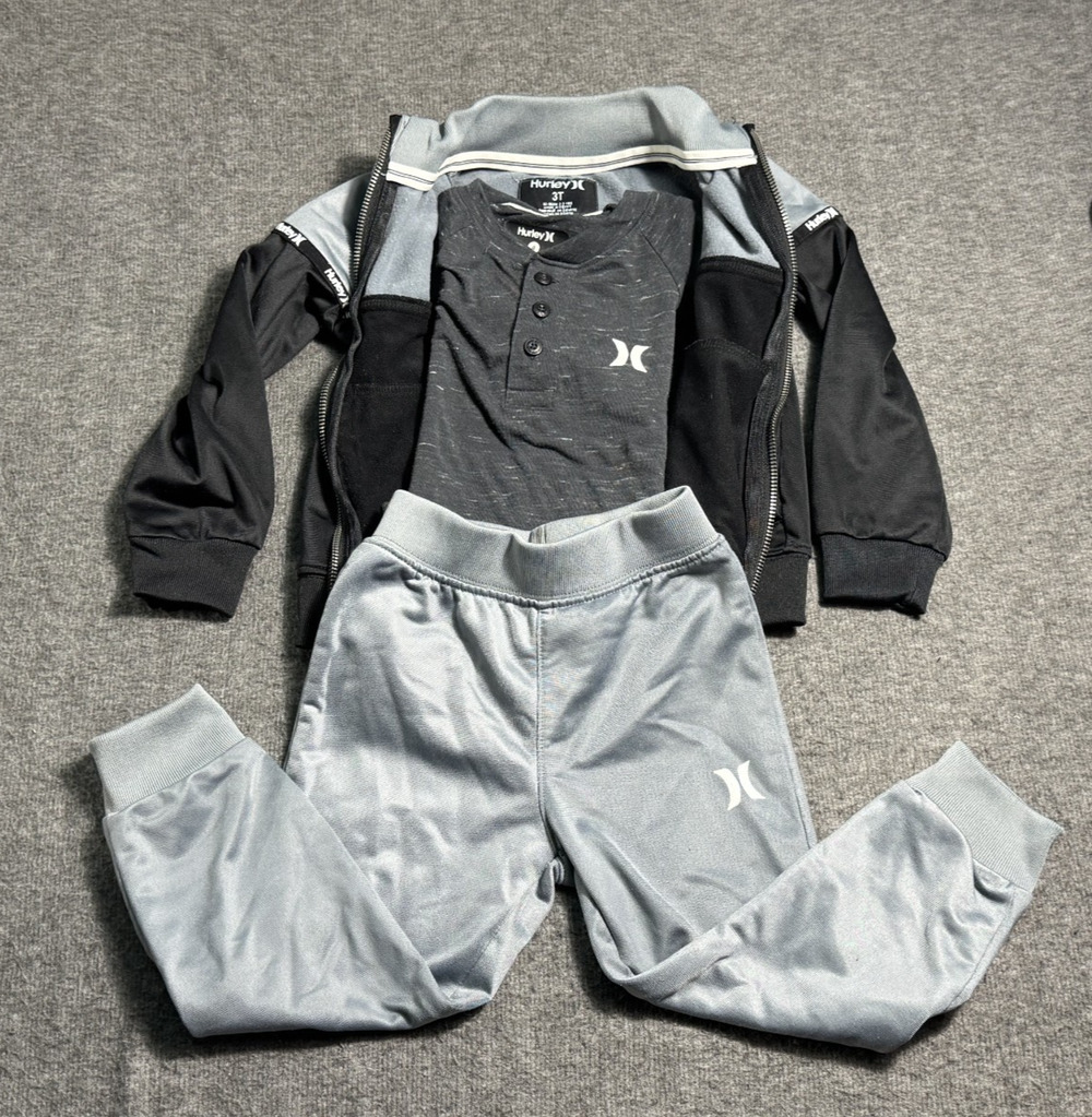 Hurley Gray & Black Colorblock 3-Piece Track Suit Joggers/Jacket/Henley 3T/4T